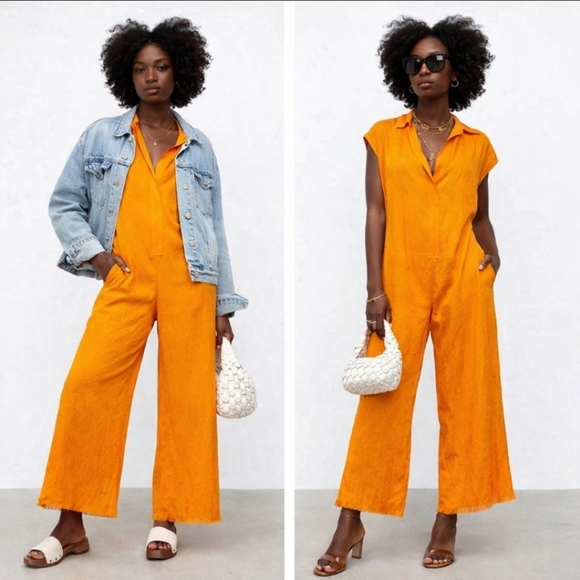 Zara Pants - Zara textured ankle jumpsuit jacquard collared raw hem orange size xs